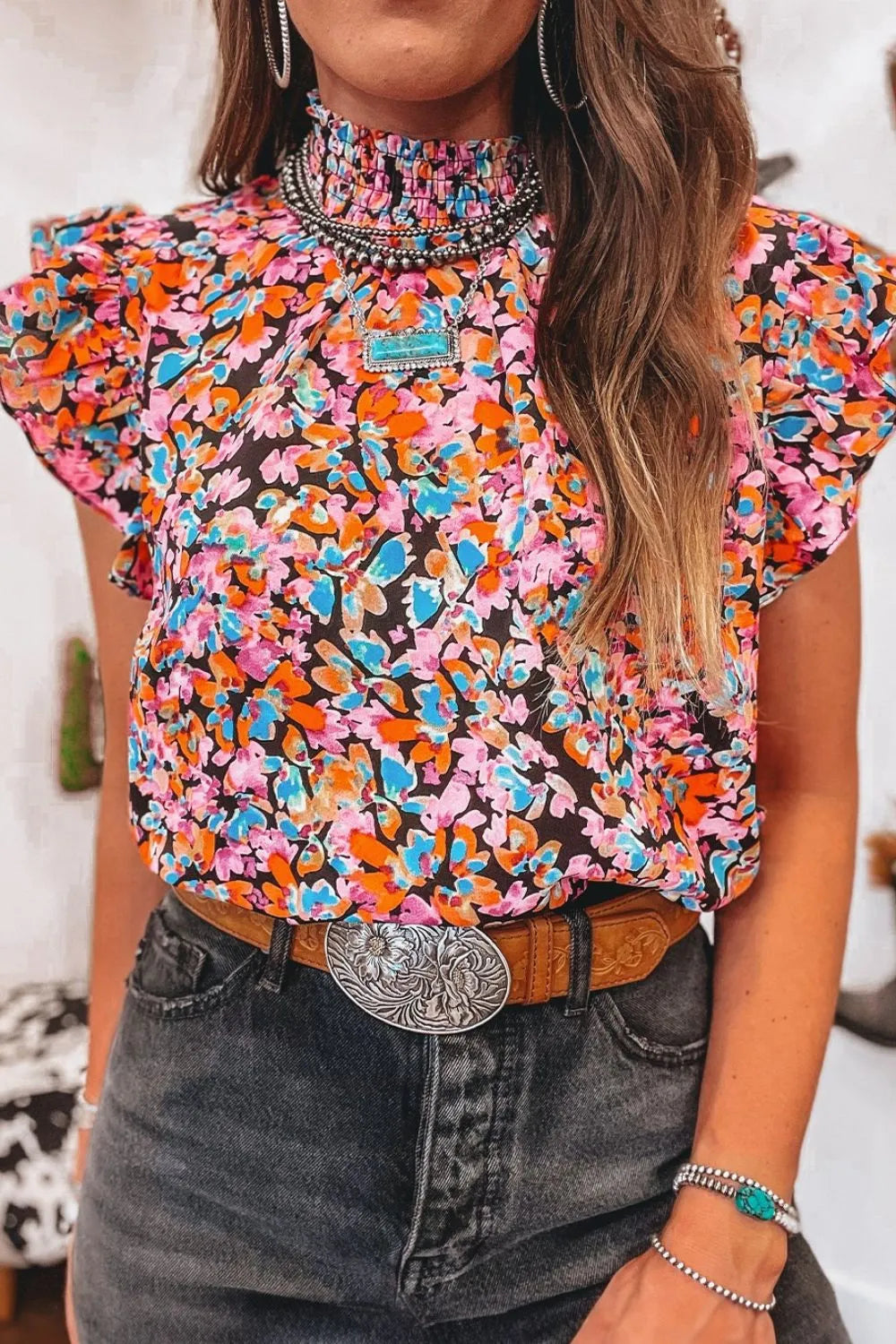 Bright Bloom Ruffle Neck Flutter Sleeve Blouse