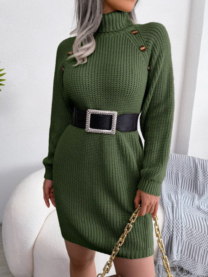 Decorative Button Turtleneck Sweater Dress.