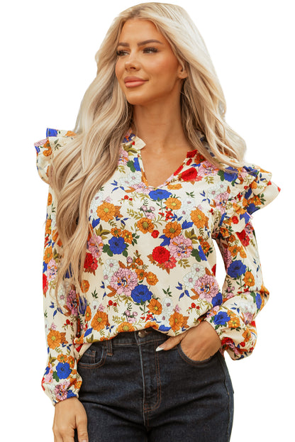 Premium Apricot Ruffled Shoulder Floral Long Sleeve Blouse