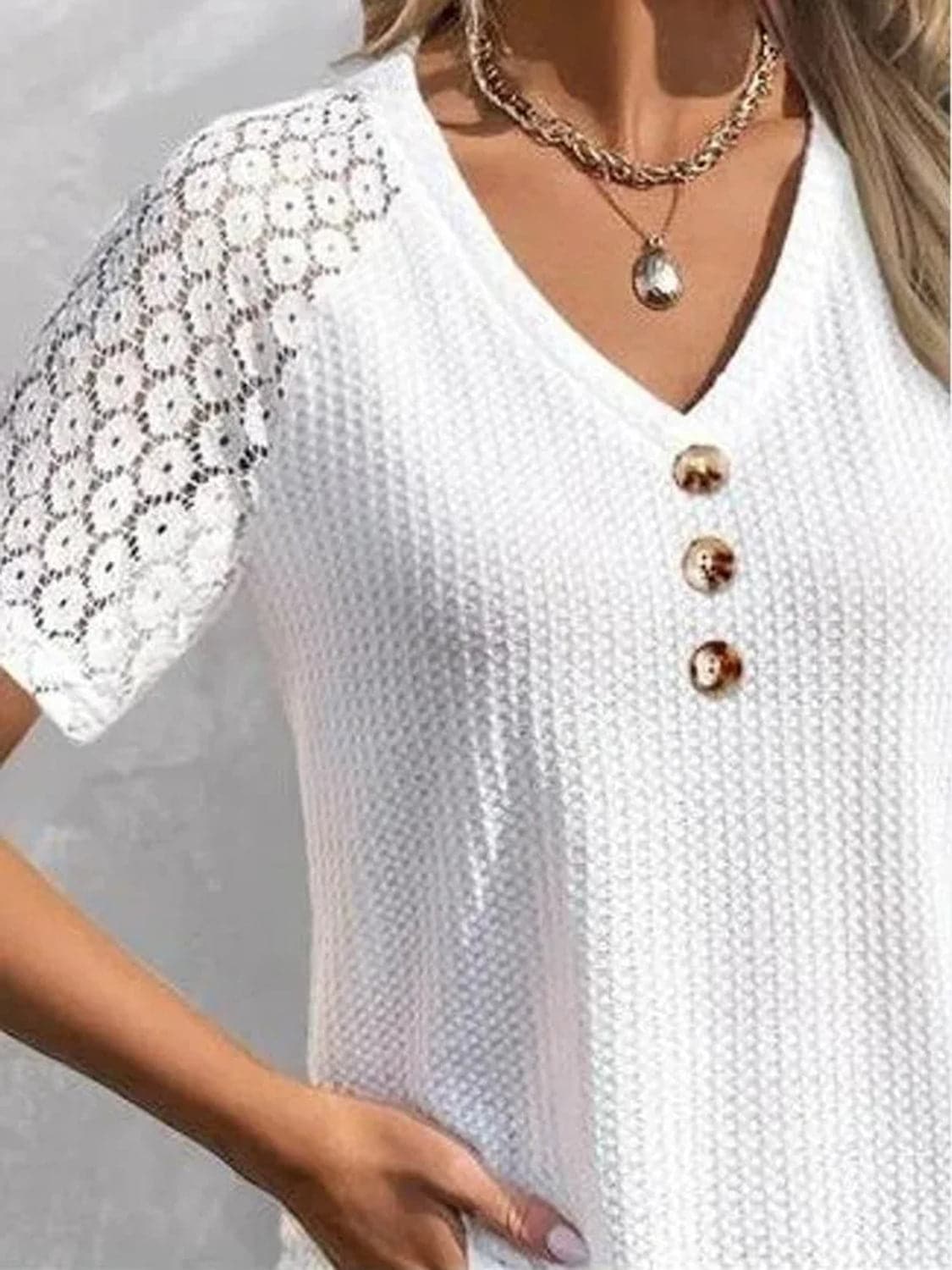 Waffle-Knit V-Neck Short Sleeve Top.