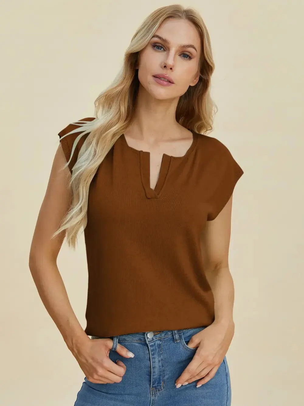 Double Take Full Size Notched Cap Sleeve Knit Top - Love Salve
