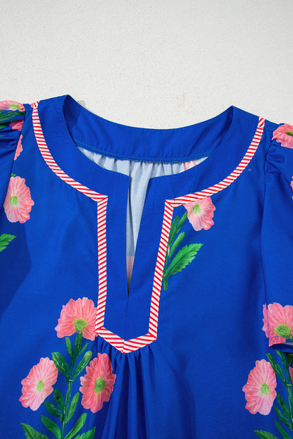 Blue Floral Short Sleeve Split Neck Loose Mini Dress - Love Salve 
