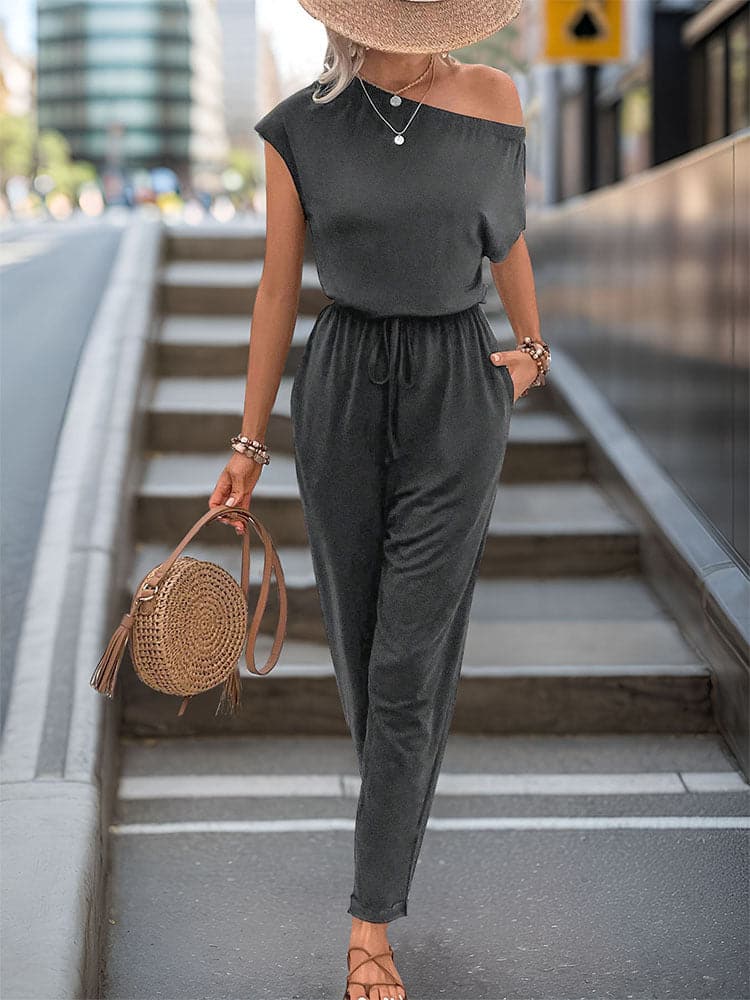 Single Shoulder Short Sleeve Jumpsuit.