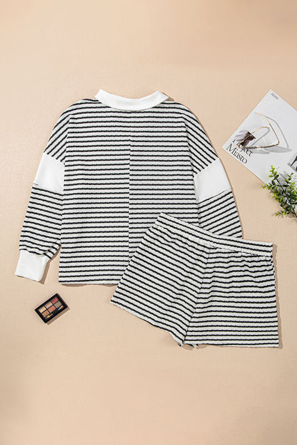 Chic black striped loungewear set with collared V neck and high-waist shorts