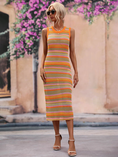 Striped Round Neck Sleeveless Midi Cover Up Dress.