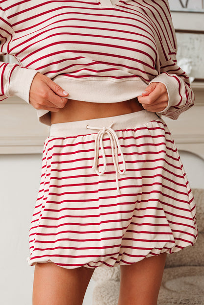 Red Stripe Cropped Collared Pullover and Bubble Mini Skirt