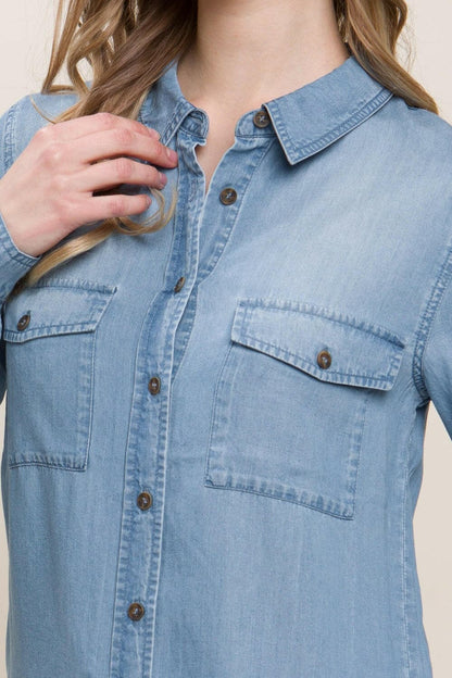 Love Tree Scooped Hem Button Up Denim Shirt.