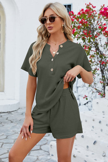 Notched Button Detail Dropped Shoulder Top and Shorts Set.