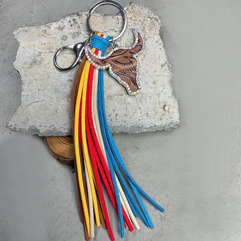 Rhinestone Bull Keychain with Tassel.