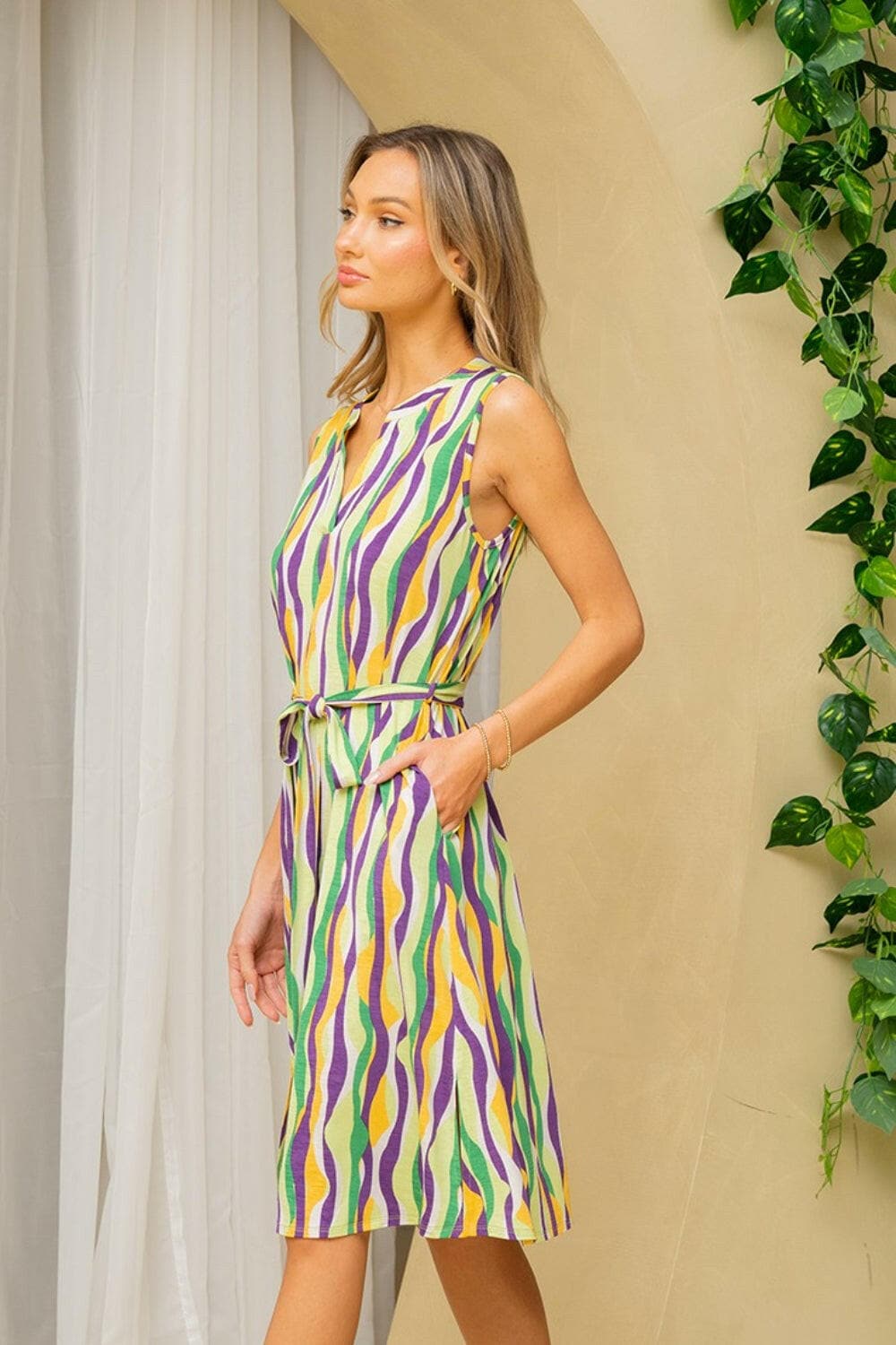 Sew In Love Full Size Stripe Tied Sleeveless Dress with Side Pockets.