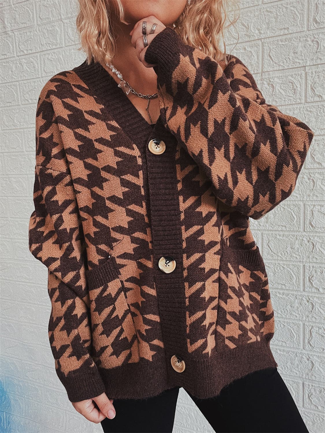 Houndstooth Botton Front  Cardigan with Pockets.