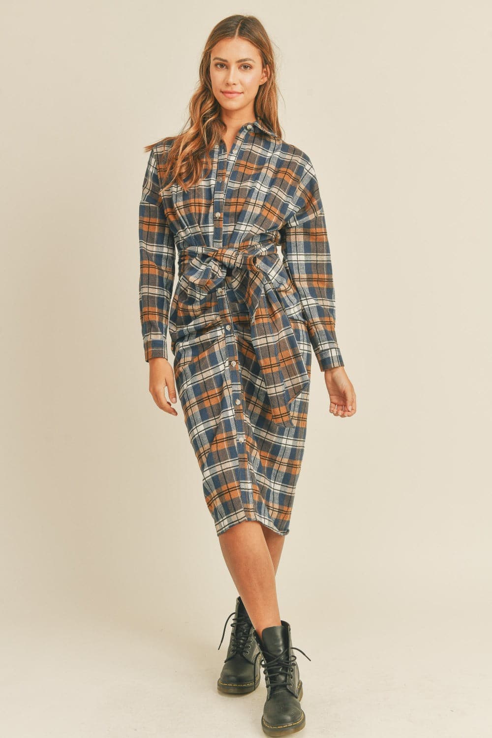 Chic plaid flannel tie-front shirt dress