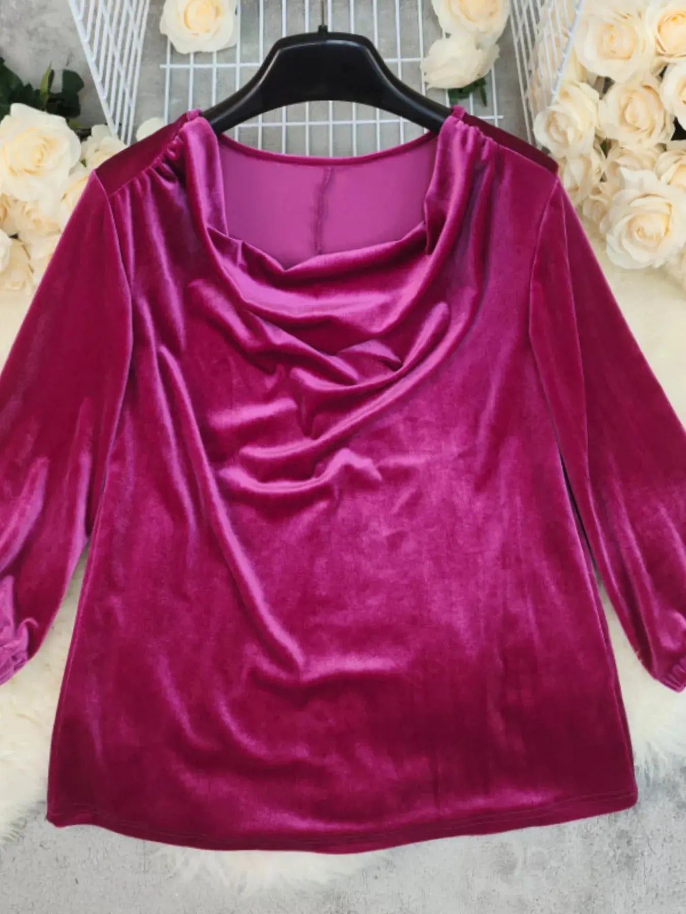 Rich Magenta Cowl Neck Velvet Blouse With Long Sleeves Simply Love
