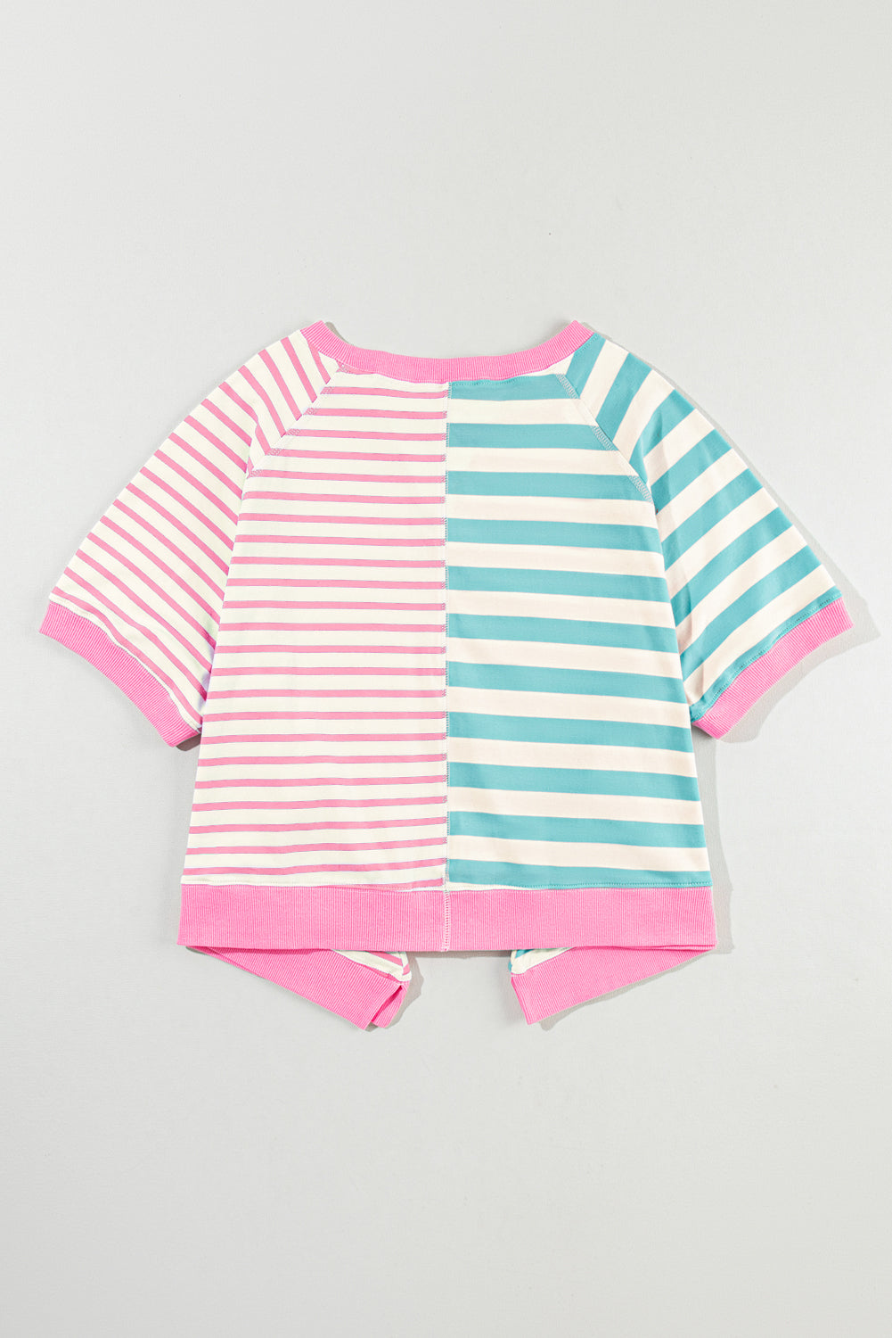 Chic pink stripe oversized patchwork tee for effortless style