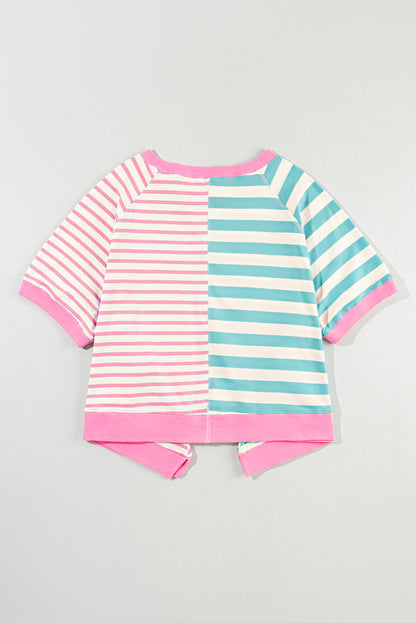 Chic pink stripe oversized patchwork tee for effortless style