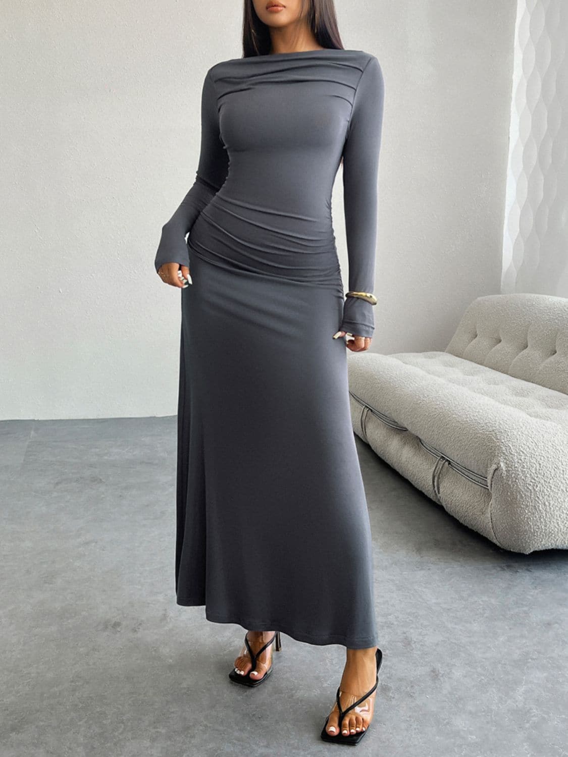 Ruched Long Sleeve Maxi Dress.