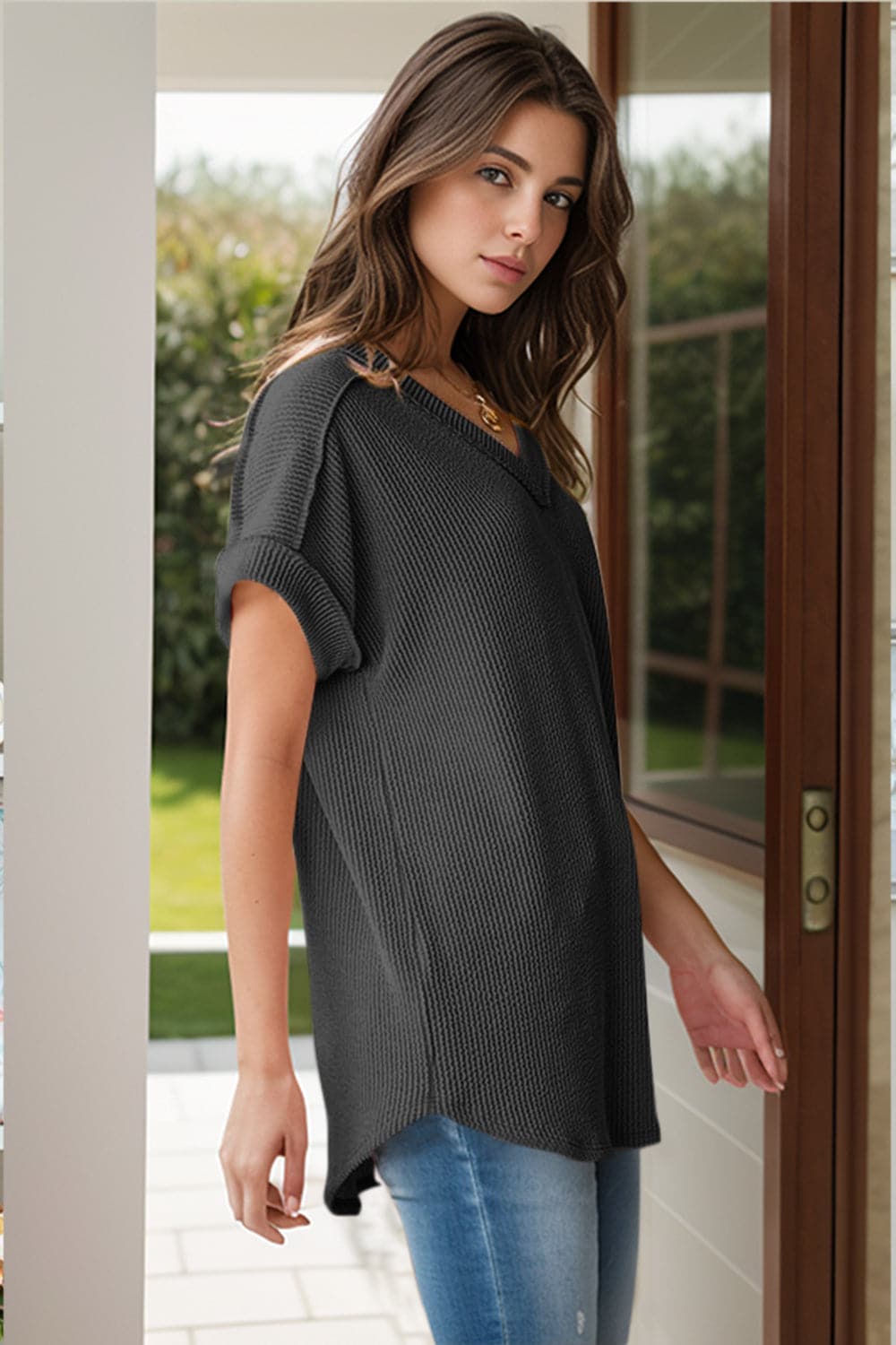 Textured V-Neck Short Sleeve Top.