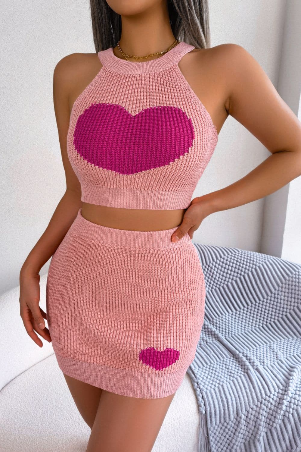 Heart Contrast Ribbed Sleeveless Knit Top and Skirt Set.