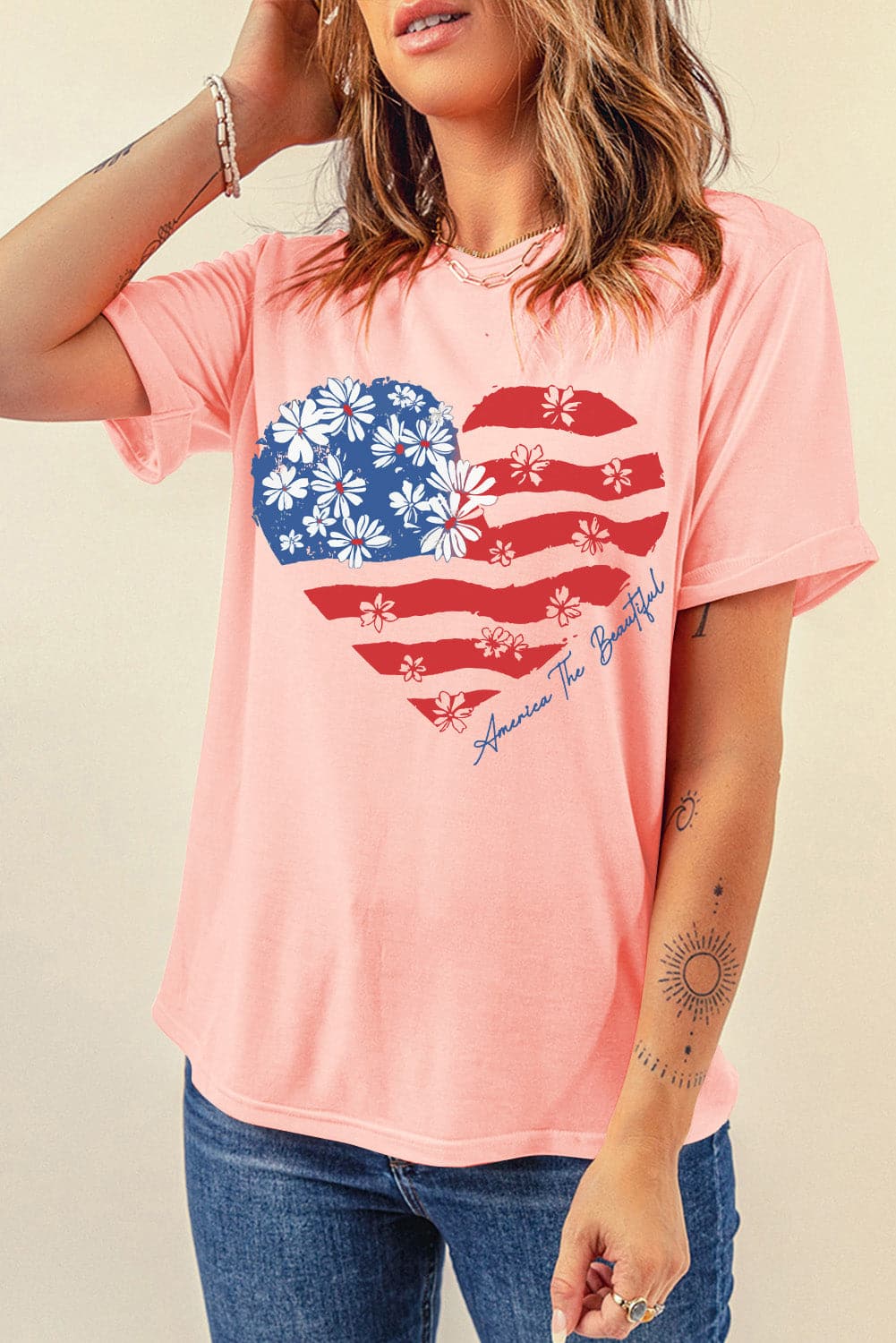 Heart Round Neck Short Sleeve T-Shirt.