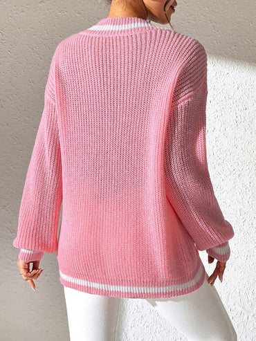 Vibrant V-neck Sweater - Long Sleeve, Contrast Trim, 100% Polyester