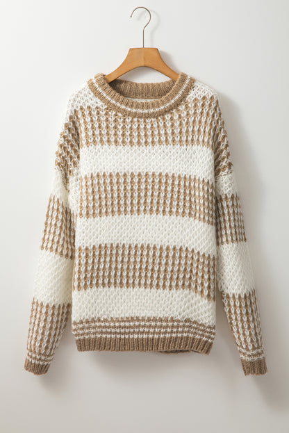 Chic brown striped oversized sweater with drop shoulders