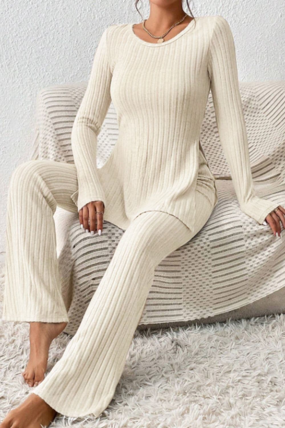 Ribbed Long Sleeve Slit Top and Bootcut Pants Set.