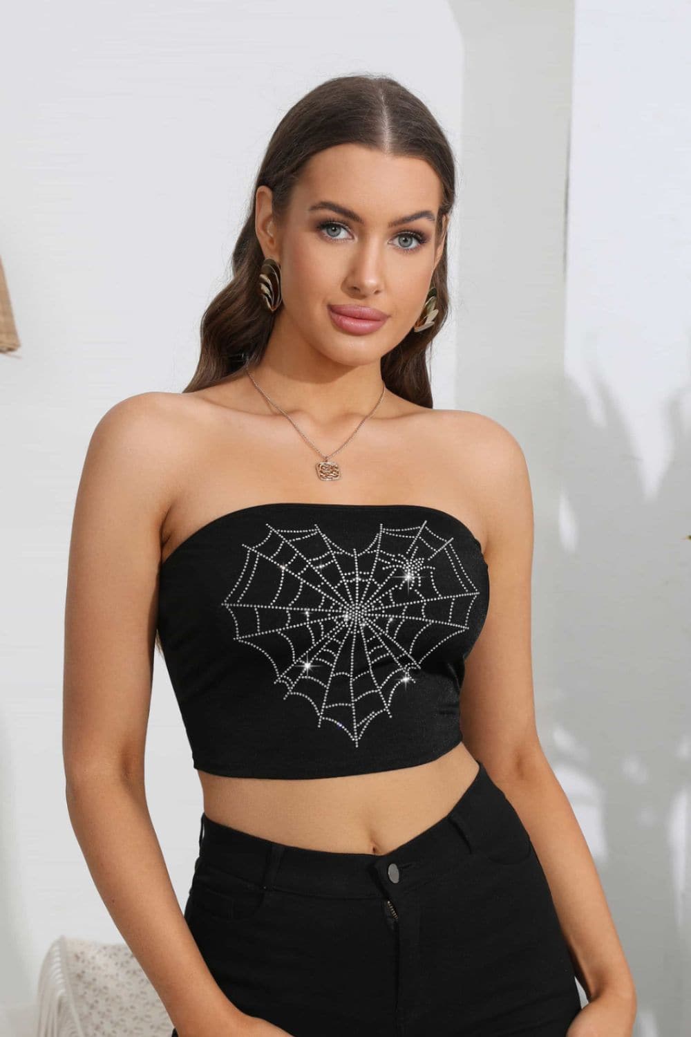 Romantic rhinestone heart spider web crop top