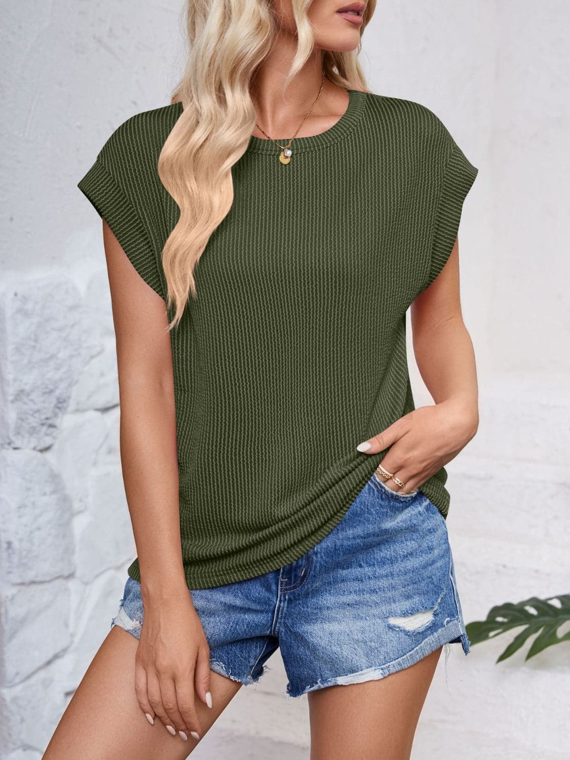 Textured Round Neck Cap Sleeve Blouse.