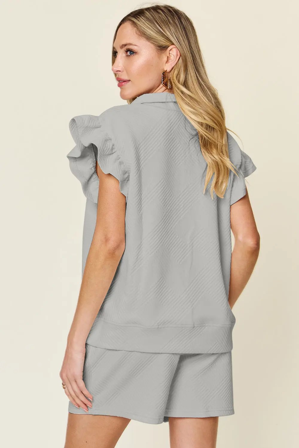 Double Take Full Size Texture Flounce Sleeve Top and Drawstring Shorts Set - Love Salve