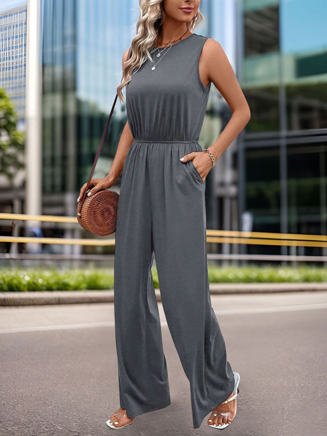 Round Neck Wide Leg Jumpsuit.