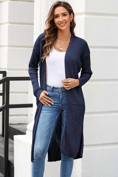 Open Front Slit Cardigan with Pockets.