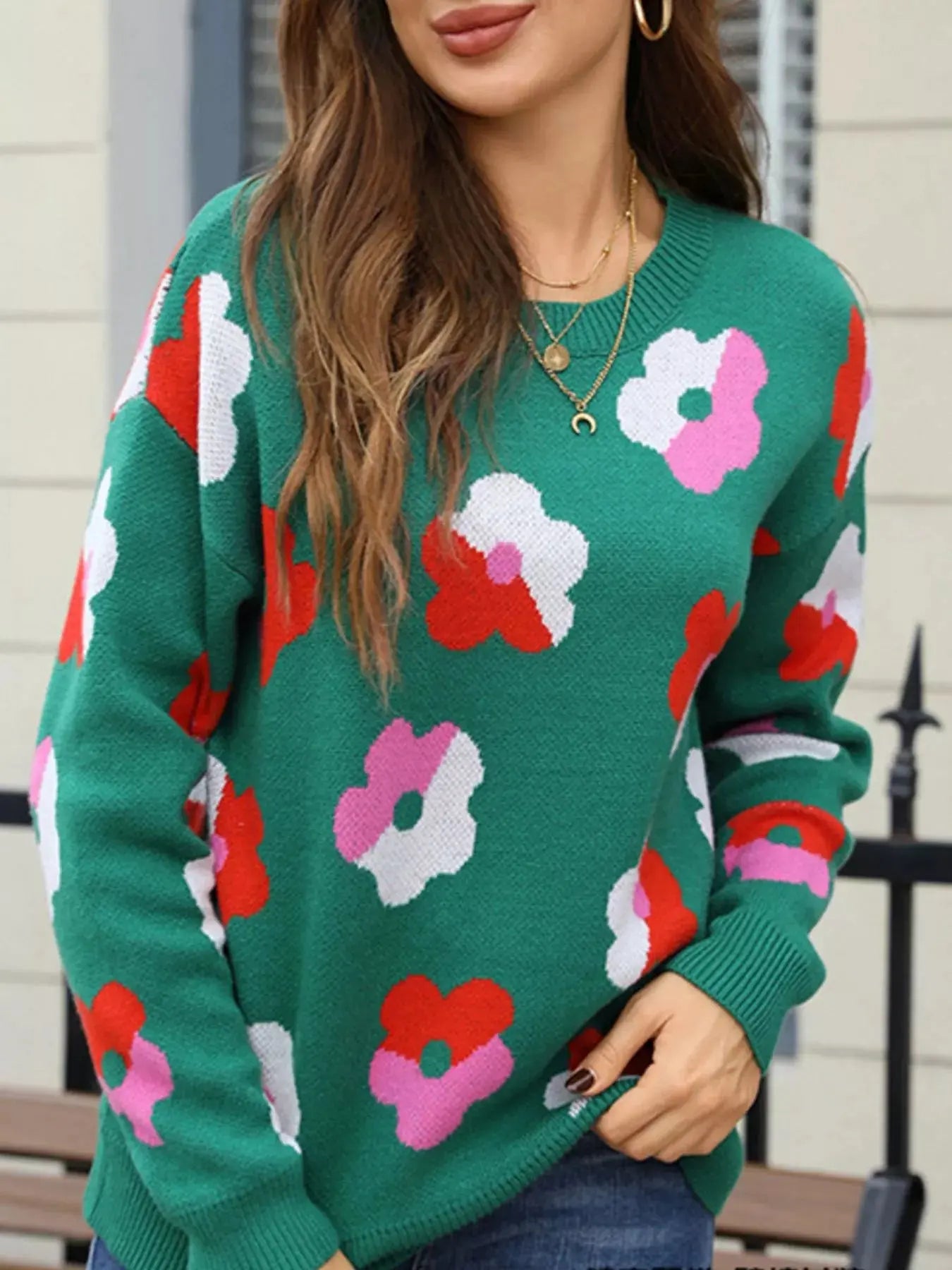 Floral Crew Neck Long Sleeve Sweater Simply Love