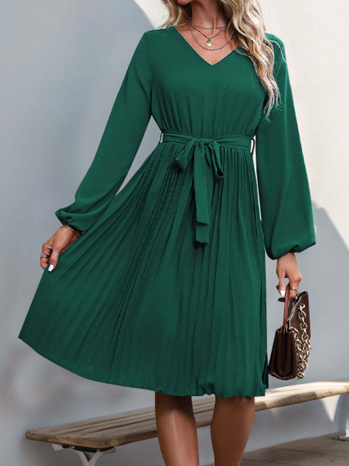 Lace V-Neck Long Sleeve Pleated Dress.