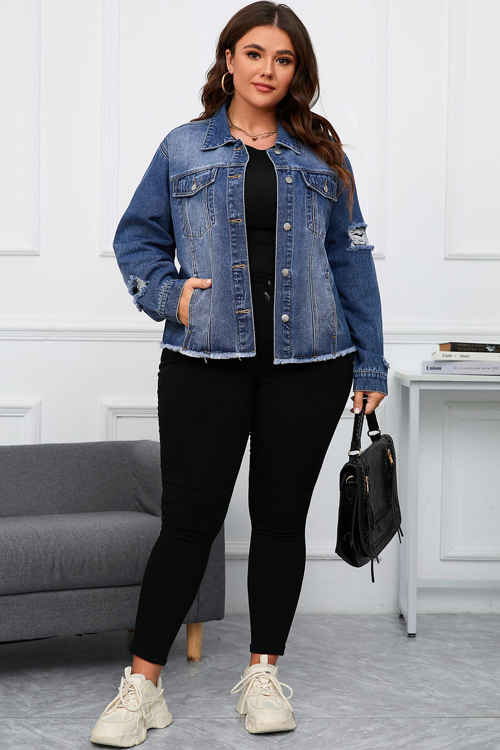 Chic dark blue plus size distressed denim jacket with flap pockets