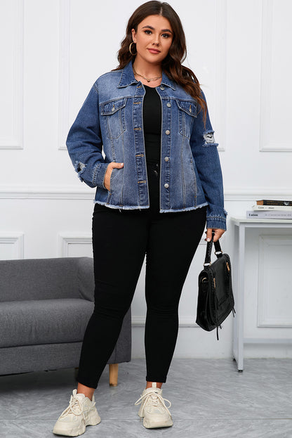 Chic dark blue plus size distressed denim jacket with flap pockets