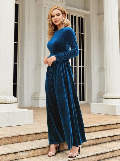 Tie Front Round Neck Long Sleeve Maxi Dress.