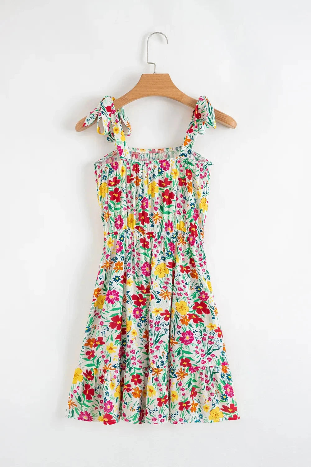Floral Knotted Straps Cinched Waist Ruffle Hem Mini Dress Simply Love