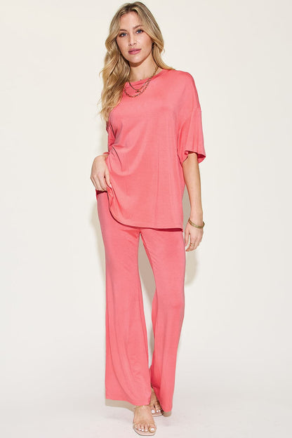 Bamboo bliss: Relaxed drop shoulder tee and flare pants set