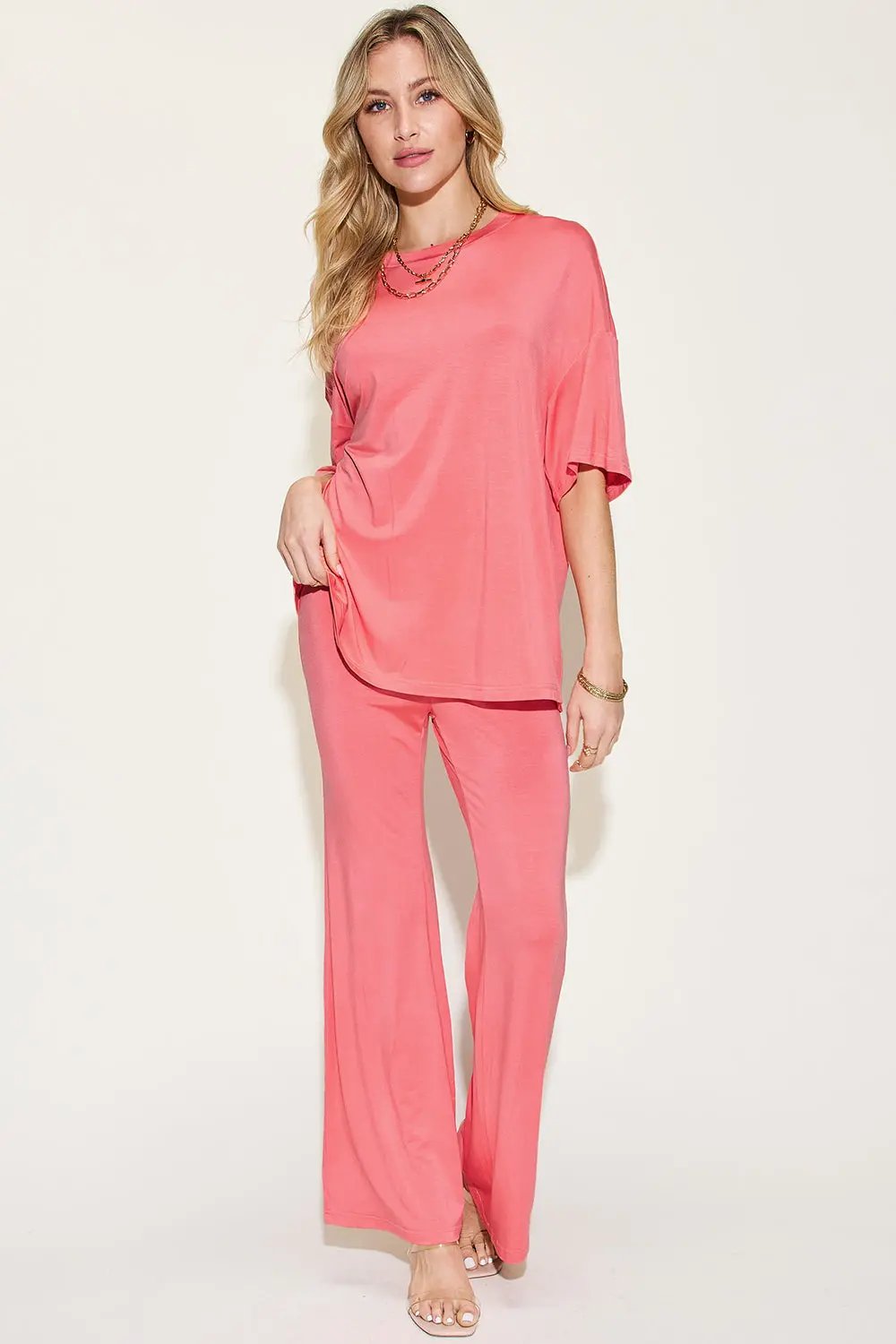 Basic Bae Full Size Bamboo Drop Shoulder T-Shirt and Flare Pants Set - Love Salve