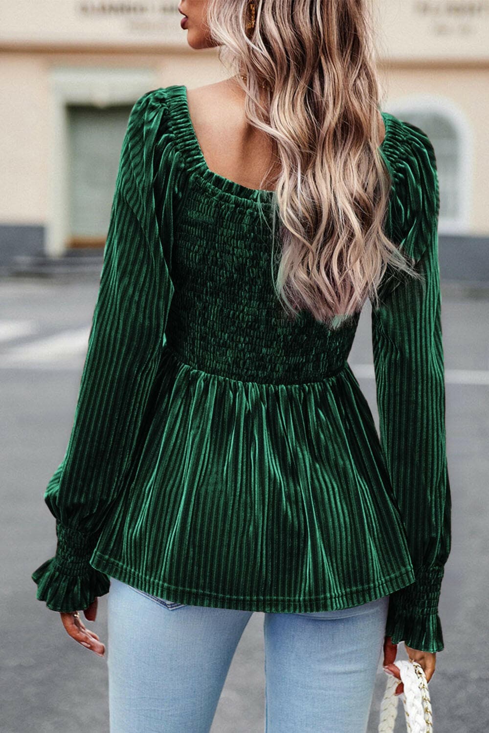 Smocked Ribbed Velvet Babydoll Top.