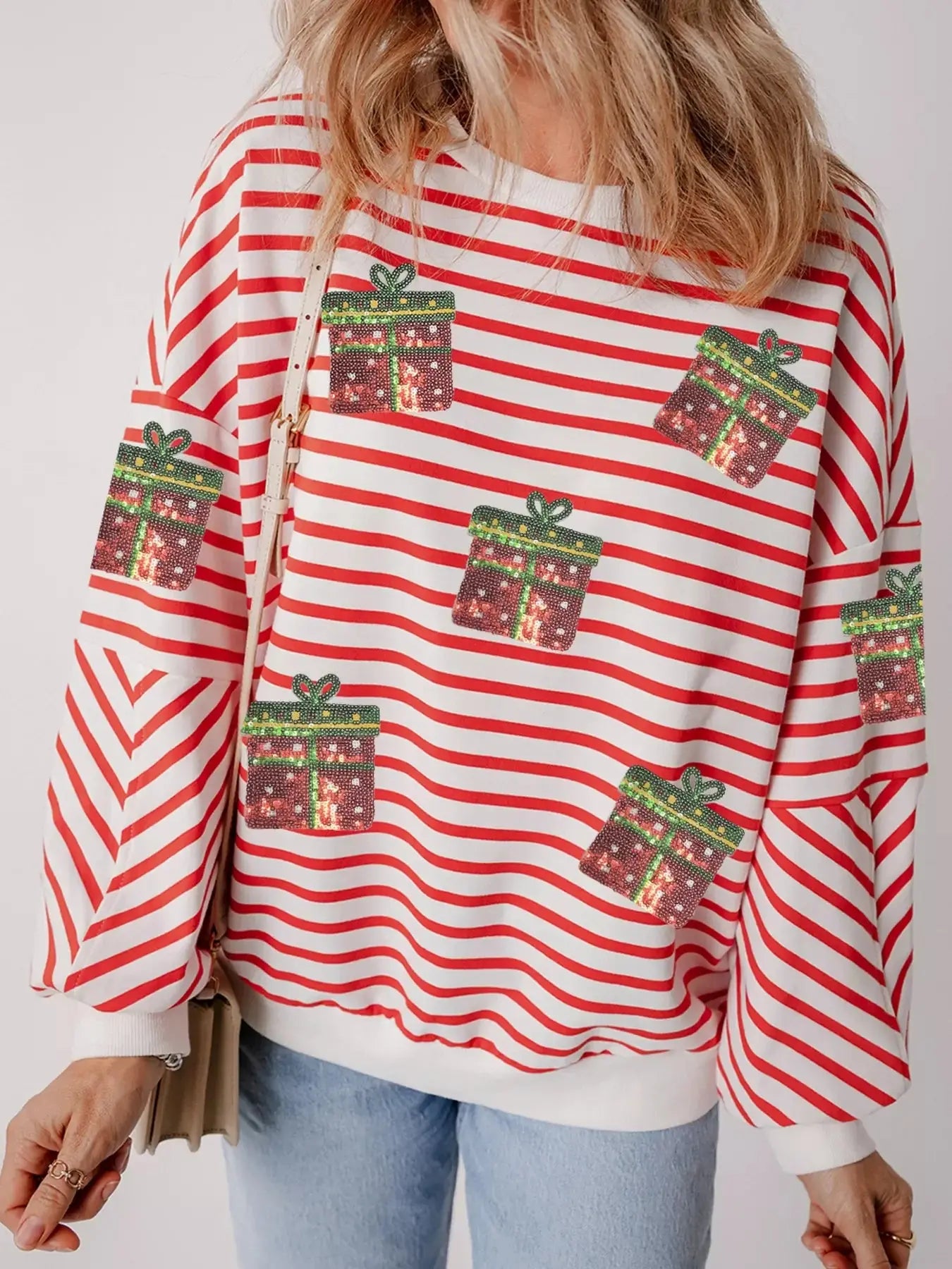Stripe Sequin Christmas Gift Patched Drop Shoulder Sweatshirt Simply Love