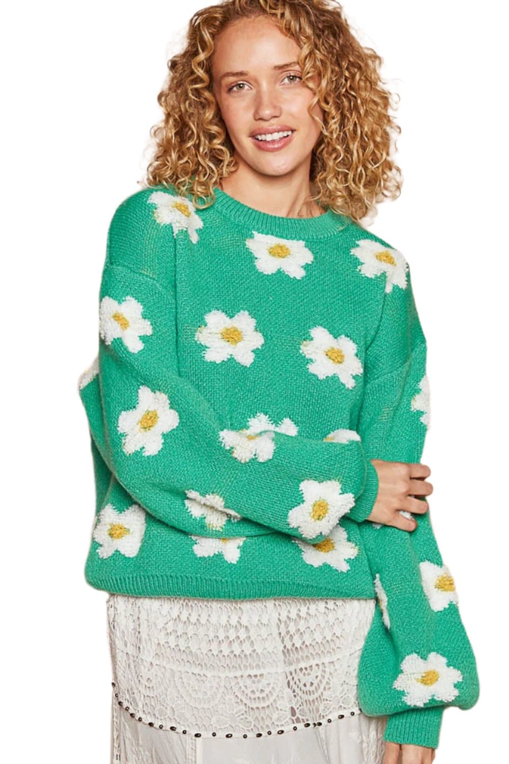 POL Daisy Pattern Drop Shoulder Sweater.