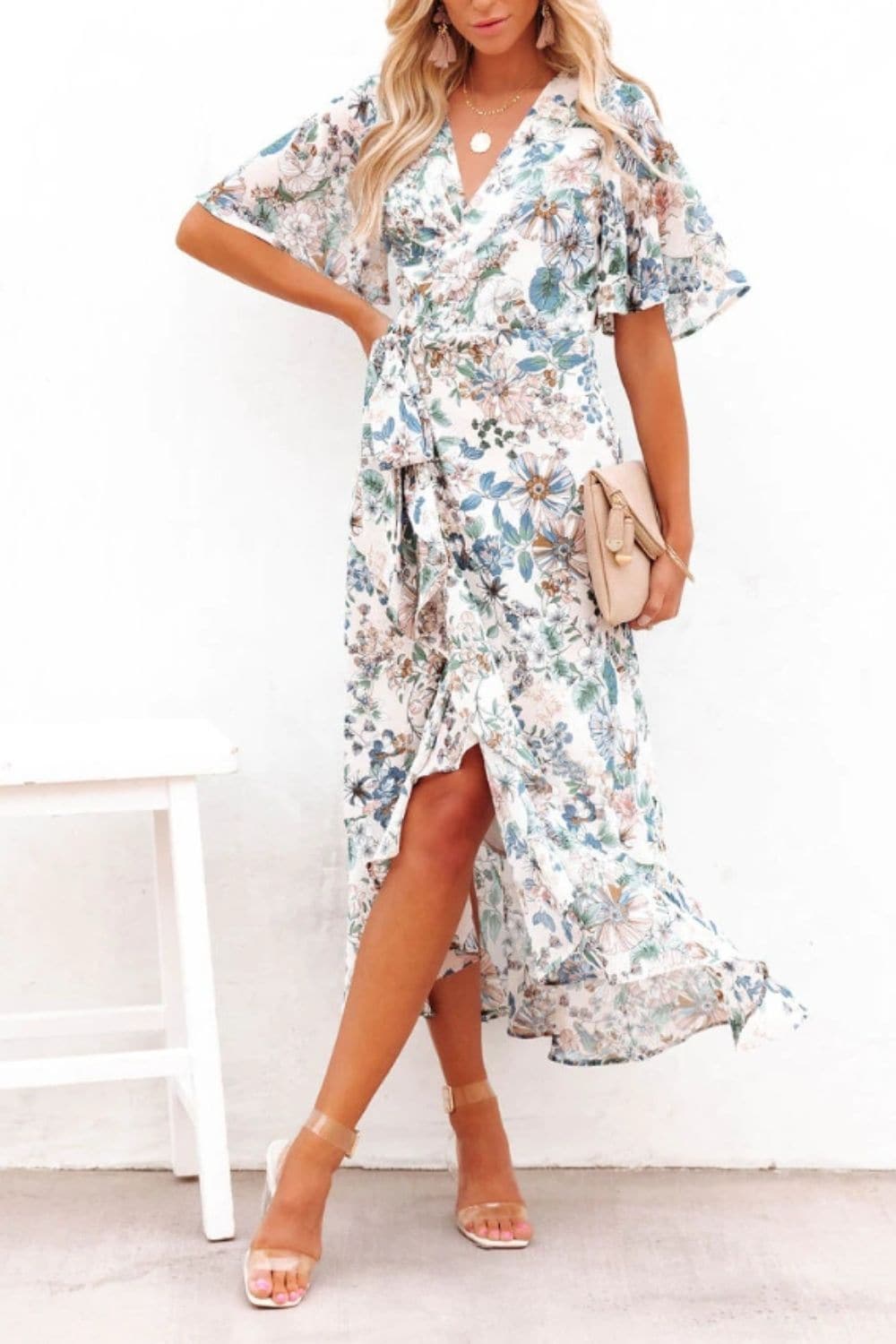 High-Low Printed Surplice Flutter Sleeve Midi Dress.