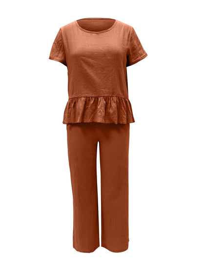 Peplum Round Neck Short Sleeve Top and Pants Set.