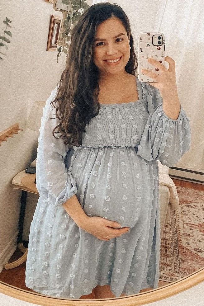 PinkBlush light blue maternity dress styled with neutral accessories lifestyle