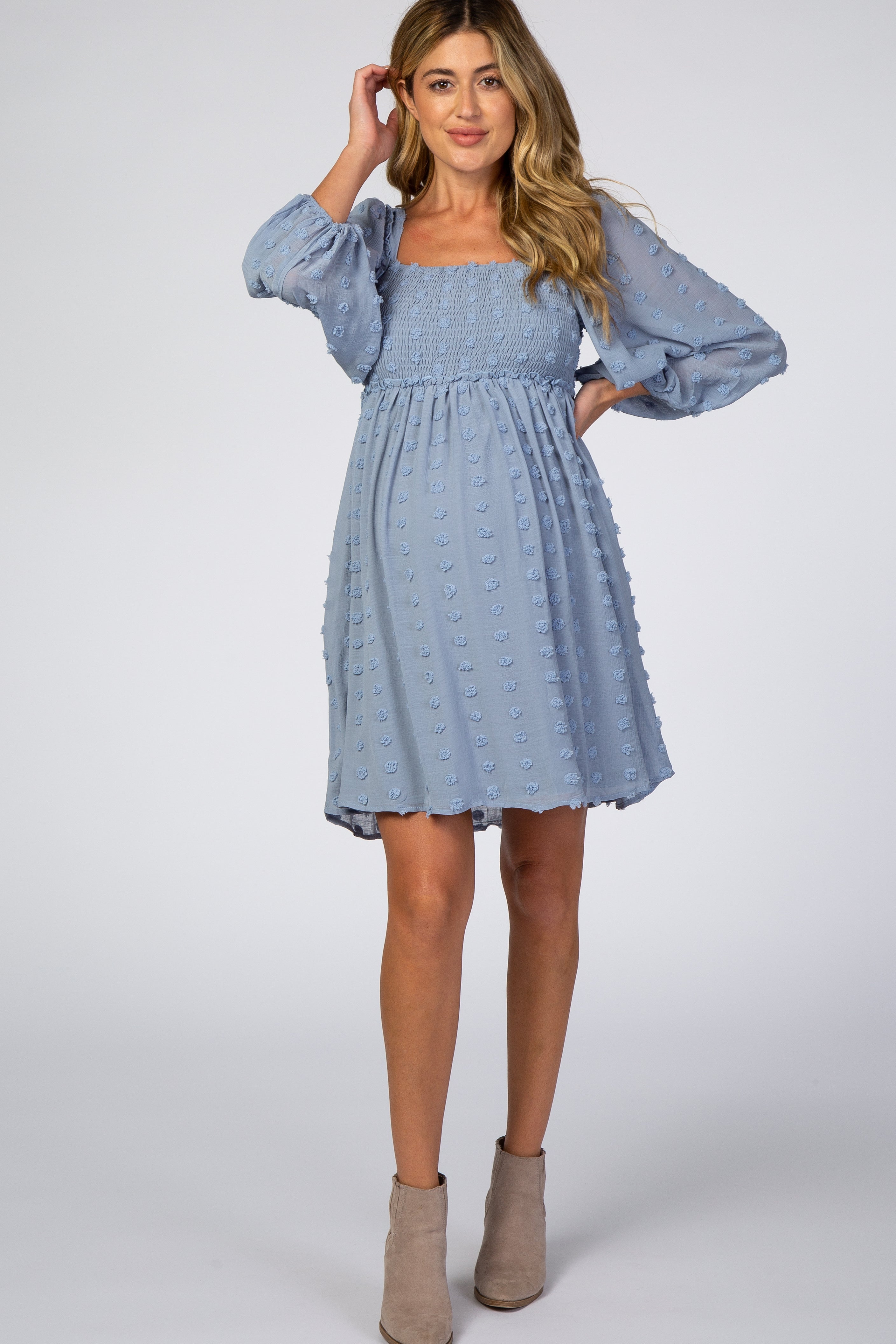 PinkBlush light blue textured dot smocked maternity dress square neck
