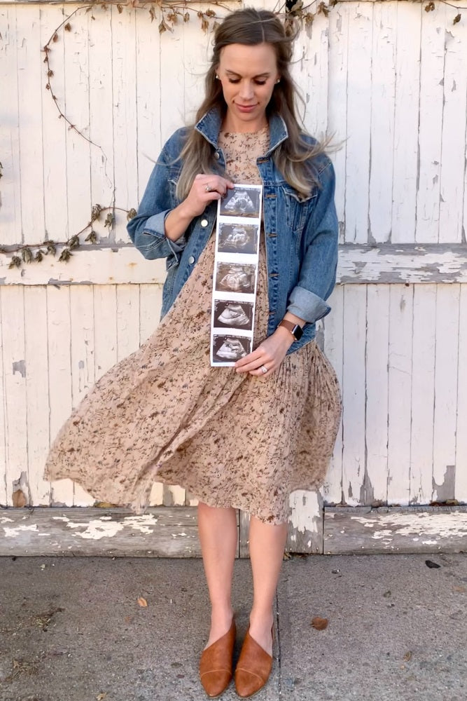 PinkBlush maternity dress beige chiffon fabric texture and print detail