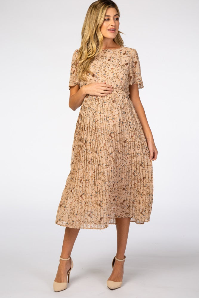 PinkBlush maternity dress beige floral chiffon fabric pleated detail close-up