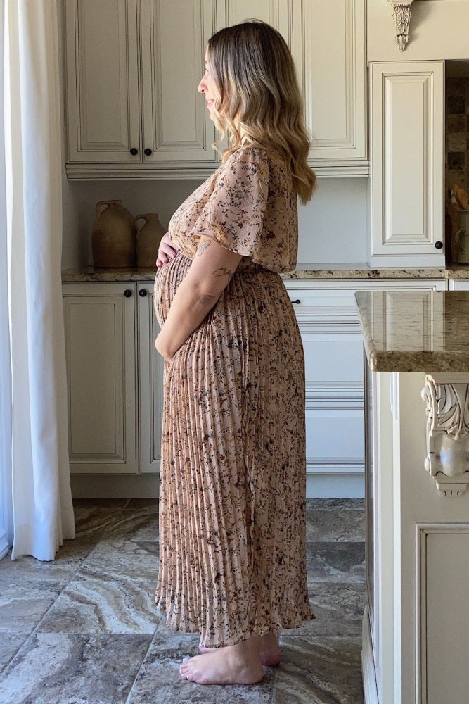 PinkBlush beige floral maternity midi dress hem and length styling