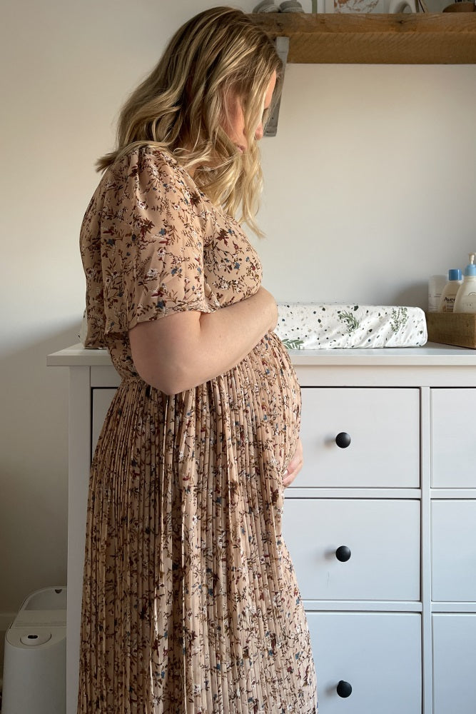 PinkBlush beige floral pleated maternity dress full length flat lay